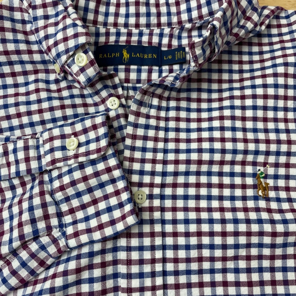 Ralph Lauren Mens Gingham‎ Button Down Shirt Large Navy Blue Burgundy Cotton L/G